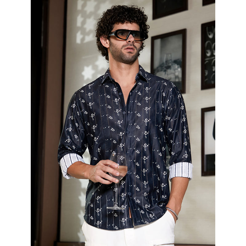 CAHOOT Men Onyx Navy Blue Ditsy Imprint Shirt (L)