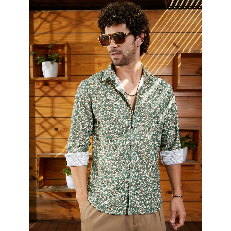 Campus Sutra Men Forest Green Ditsy Bloom Shirt (S)