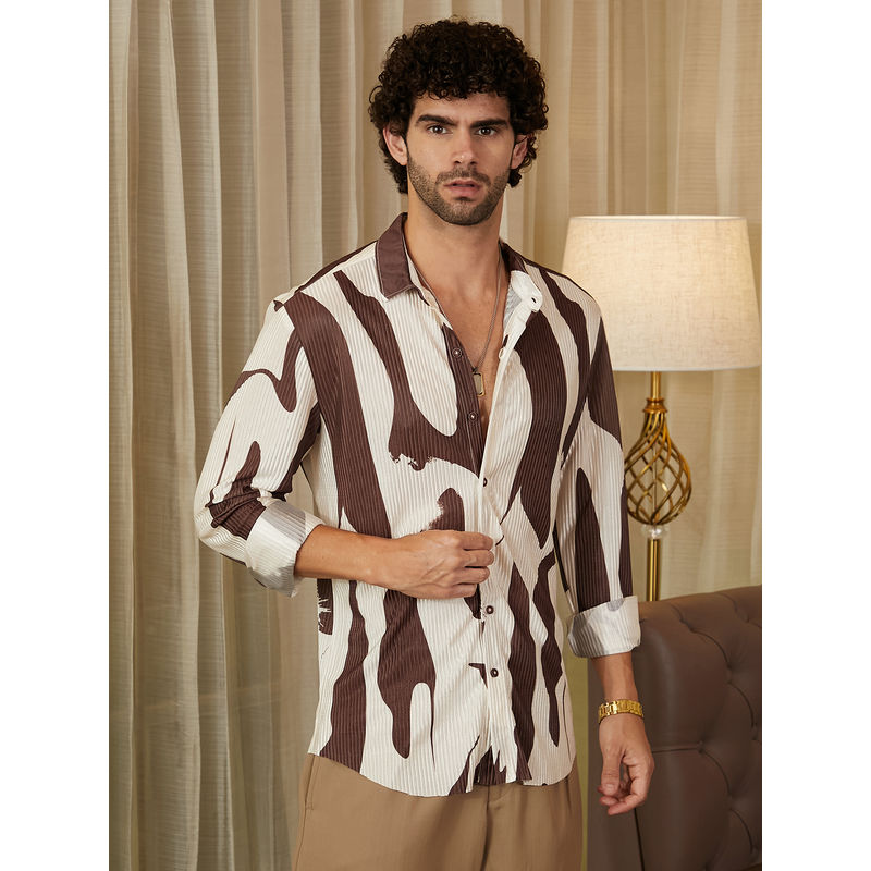 Campus Sutra Men Chocolate Brown & Daisy White Contour-Lines Pleated Shirt (M)