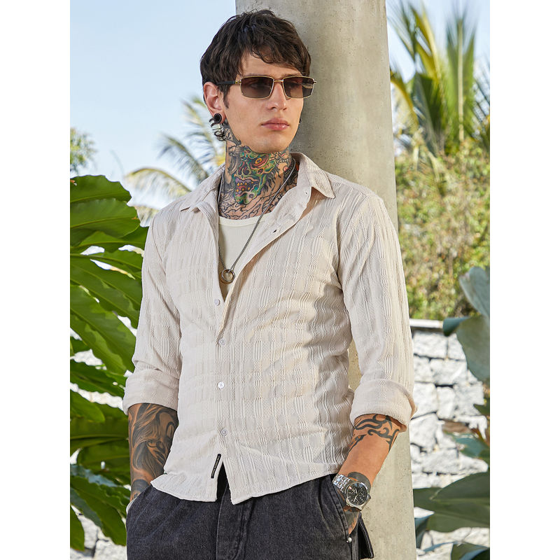 Campus Sutra Men Saltbox Beige Braided-Knot Tactile Shirt (S)