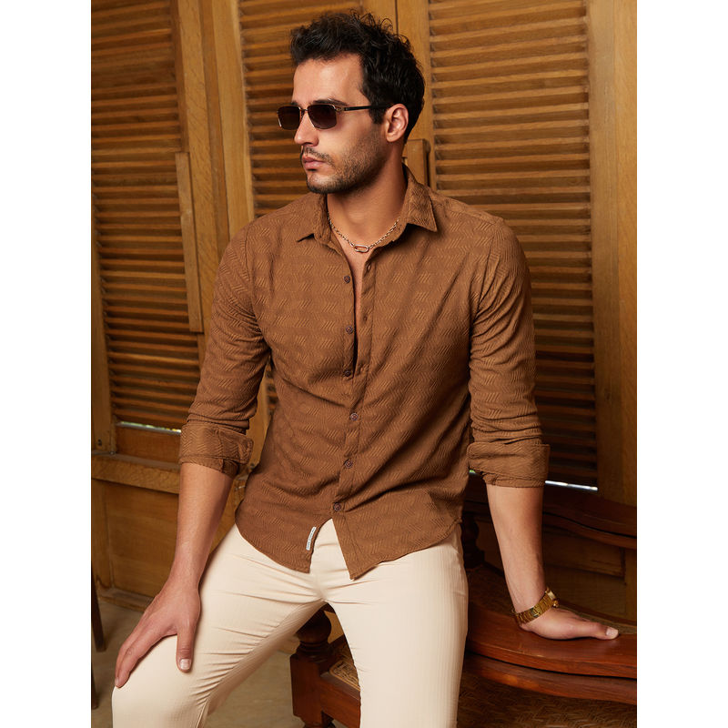 Campus Sutra Men Tan Chevron-Tactile Shirt (L)