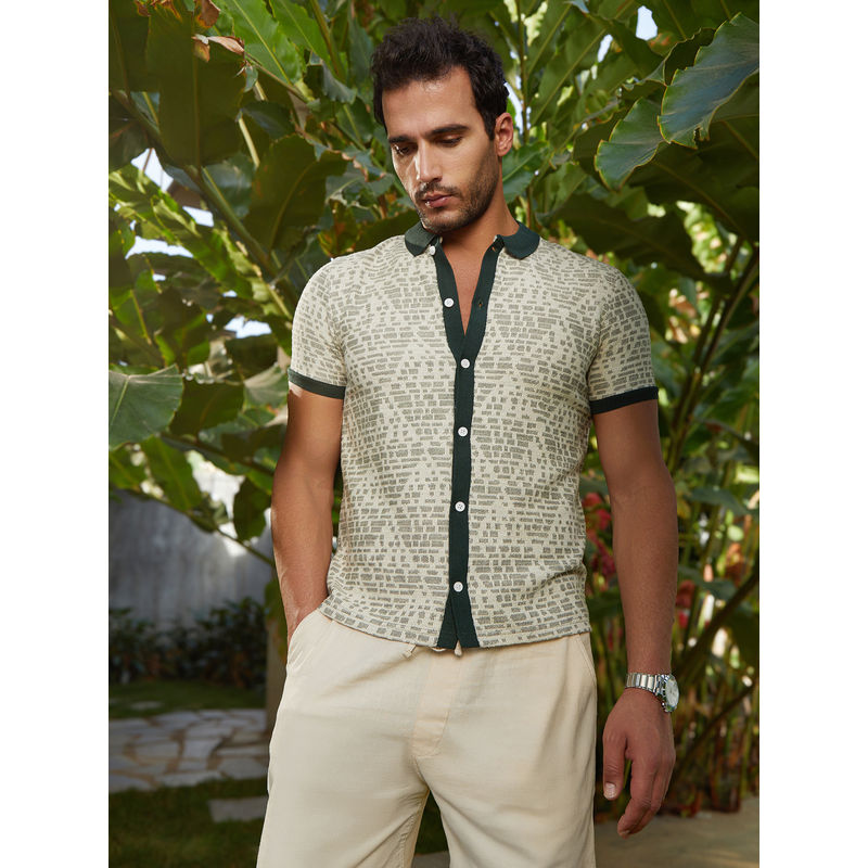 Campus Sutra Men Off White & Sacramento Green Geometrix-Knit Polo Shirt (S)