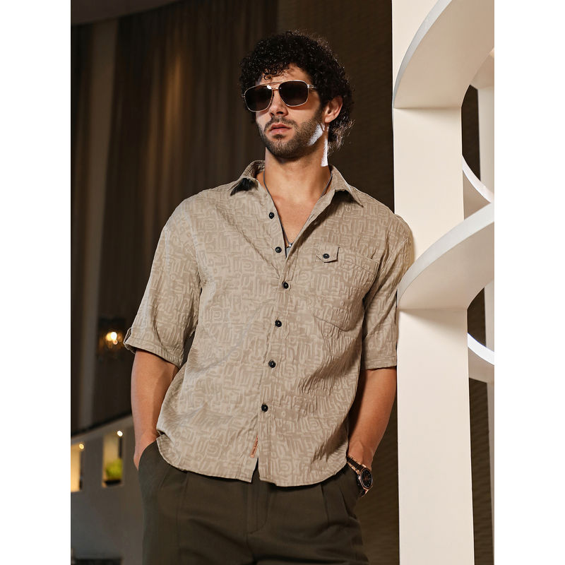 Campus Sutra Men Ash Beige Aztec-Tactile Oversized Shirt (M)