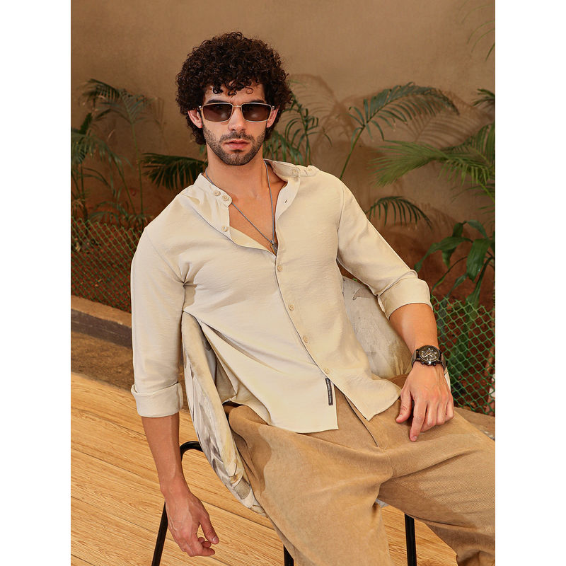 Campus Sutra Men Ecru Beige Breezy Mandarin Shirt (L)
