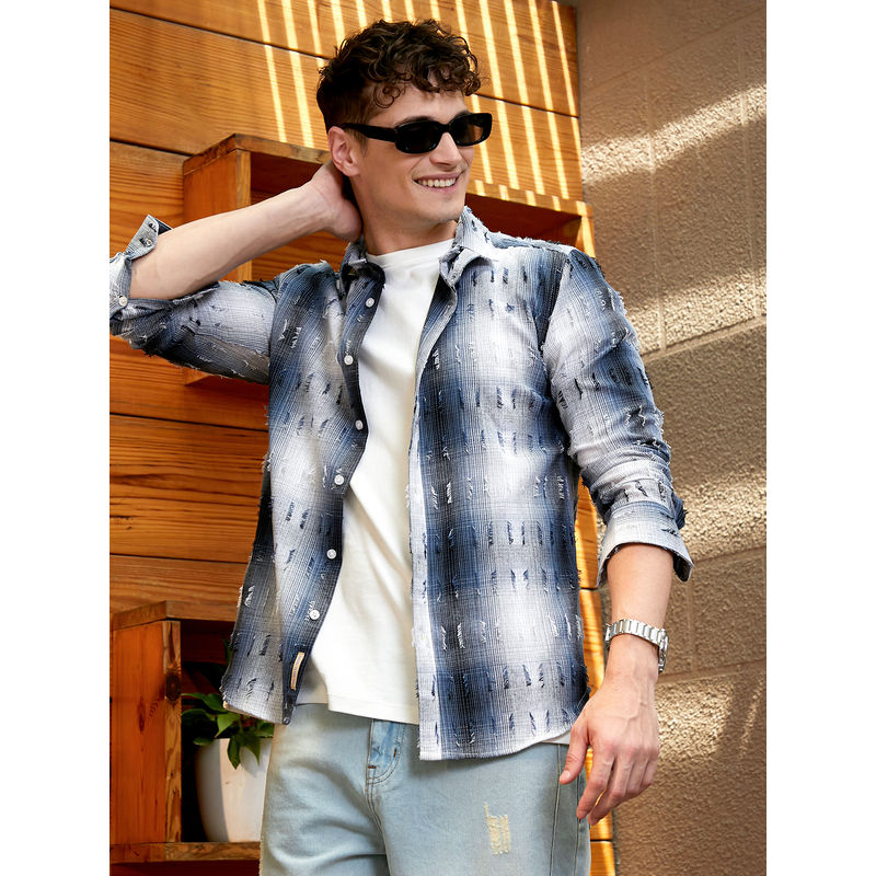Campus Sutra Men Navy Blue & Ivory White Distressed-Check Shirt (L)