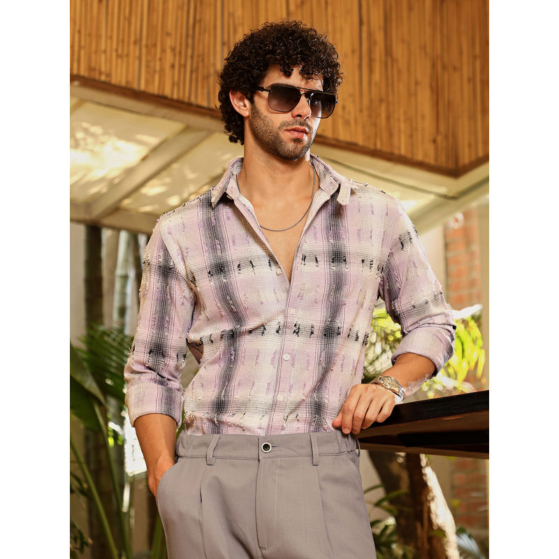 Campus Sutra Men Pink & Onyx Black Distressed-Checks Shirt (M)