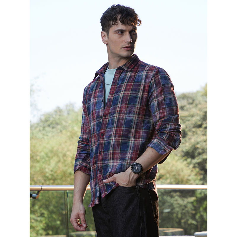 Campus Sutra Men Indigo Blue & Sangria Red Dark-Plaid Relaxed Shirt (L)