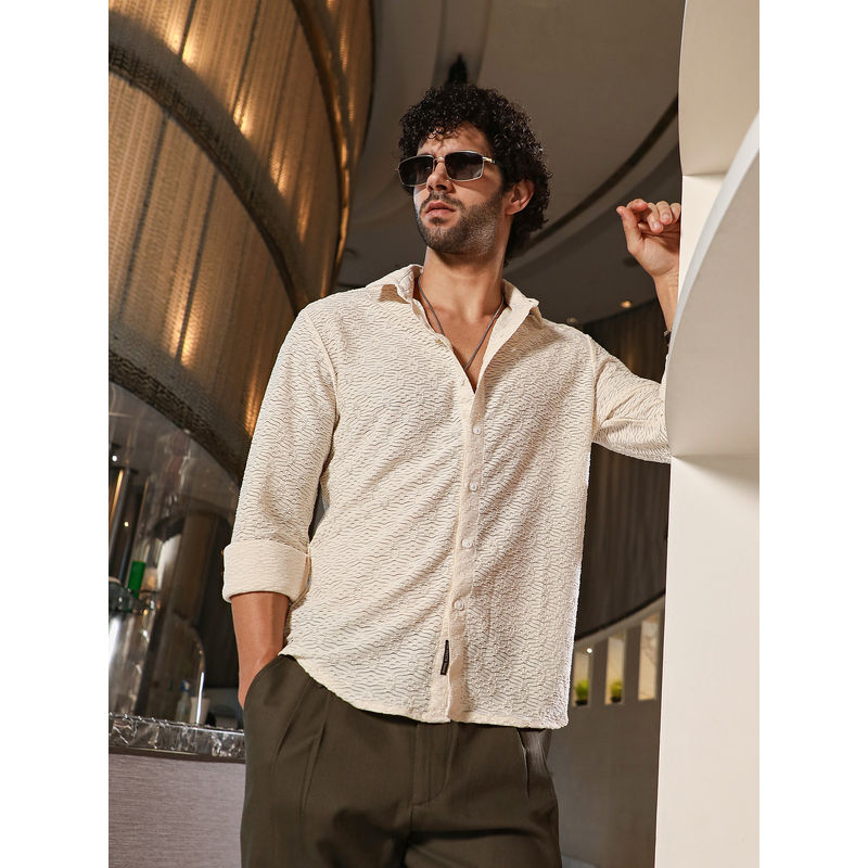 Campus Sutra Men Off White Dunes-Tactile Shirt (S)
