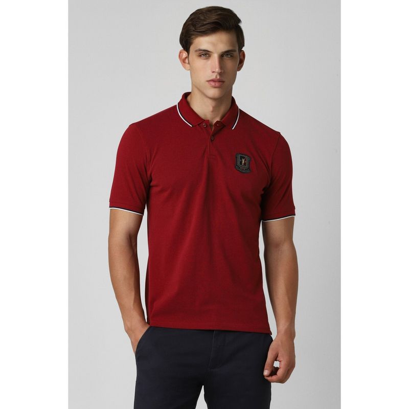 Peter England Men Red Solid Polo Neck T-Shirt (M)
