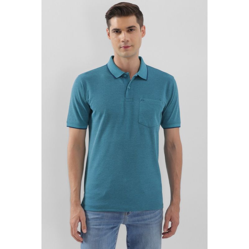 Peter England Men Turquoise Solid Polo Neck T-Shirt (S)