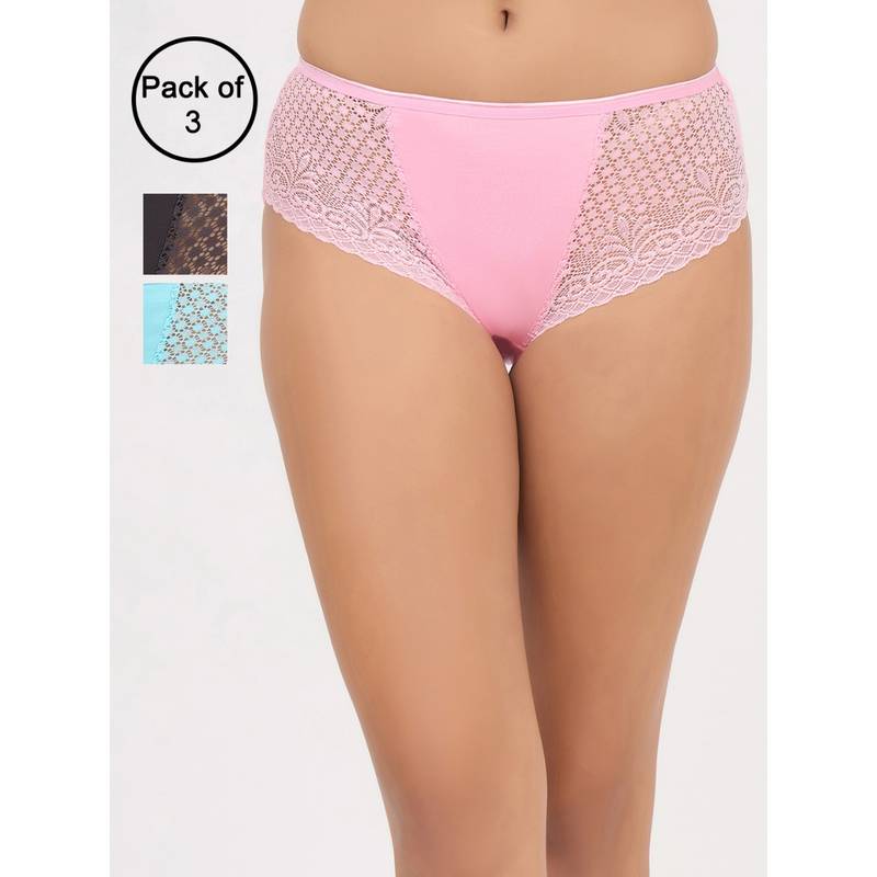 Clovia Mid Waist Hipster Panty with Lace Wings Multi-Color (Pack of 3) (S)