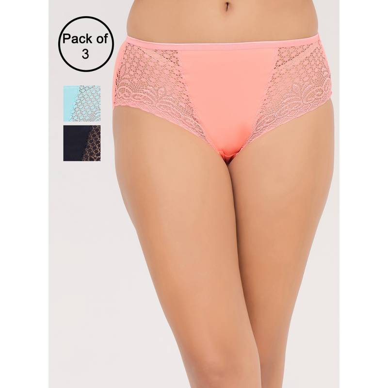Clovia Mid Waist Hipster Panty with Lace Wings Multi-Color (Pack of 3) (S)