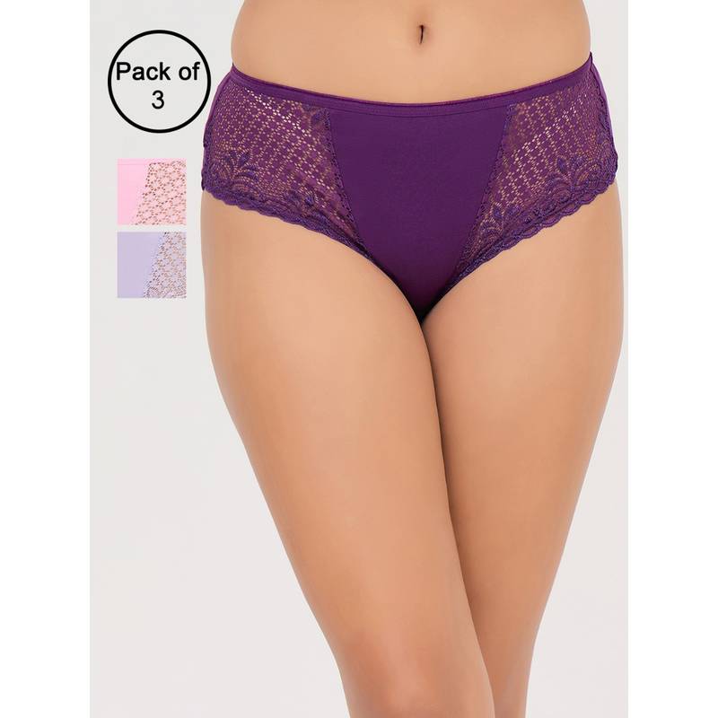 Clovia Mid Waist Hipster Panty with Lace Wings Multi-Color (Pack of 3) (S)