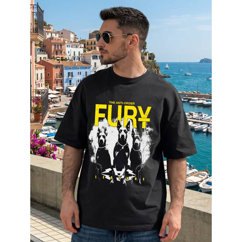 LEOTUDE Black Men's Printed Oversized Cotton Blend T-Shirt (2XL)