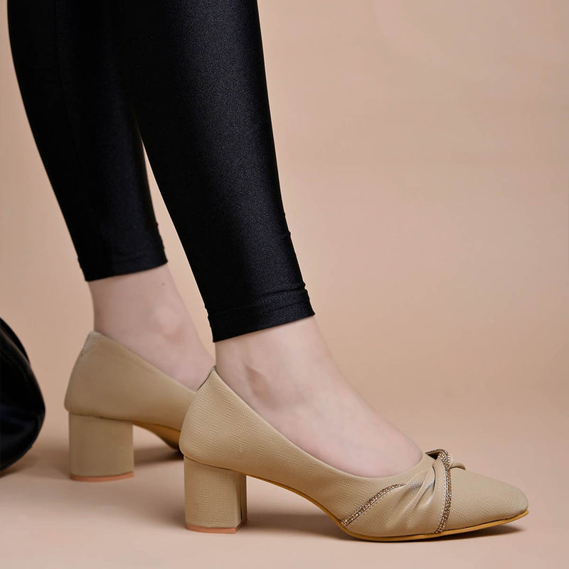 Shoetopia Rhinestone Pointed Toe Beige Pump Heels for Women (EURO 36)