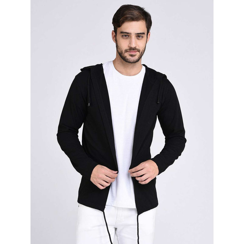 RIGO Men Black Hooded With Bottom Detail Cotton Full Sleeve Open Cardigan (M)