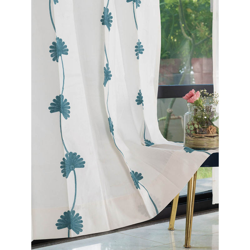 Urban Space Aarohi Embroidery Cotton Curtain Window - Dark Teal (4X5 Feet)
