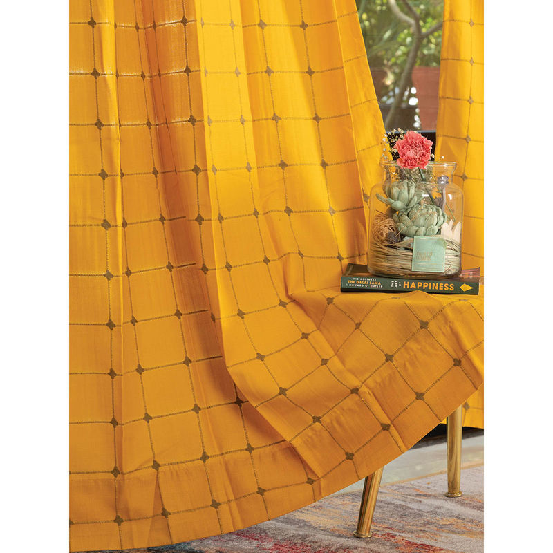 Urban Space Pixel Checks Embroidery Cotton Curtain Window - Mustard (Pack of 2) (4X5 Feet)