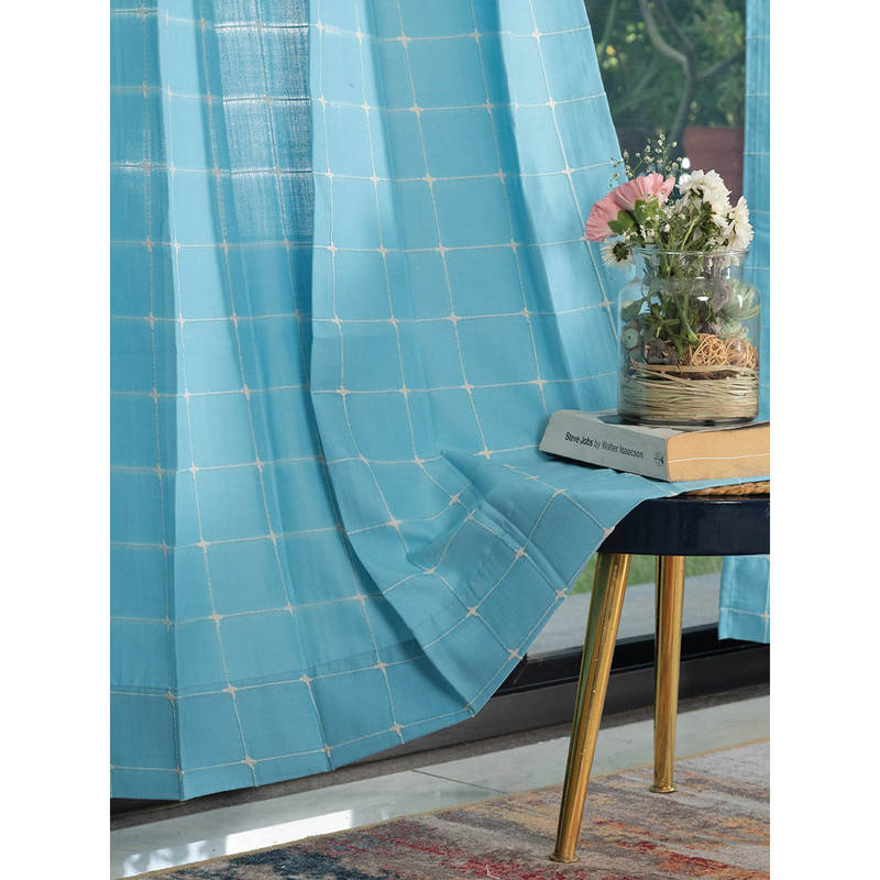 Urban Space Pixel Checks Embroidery Cotton Curtain Long Door - Light Blue (Pack of 2) (4X8 Feet)