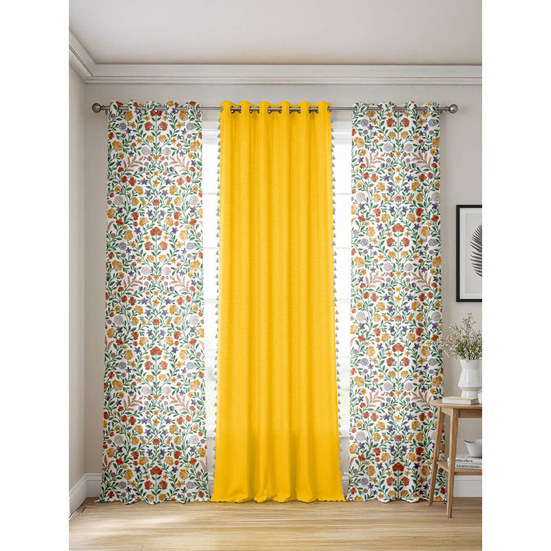 Urban Space Cotton Window Curtains, 60-65% Light Blocking Yellow (Pack of 3) (4X5 Feet)