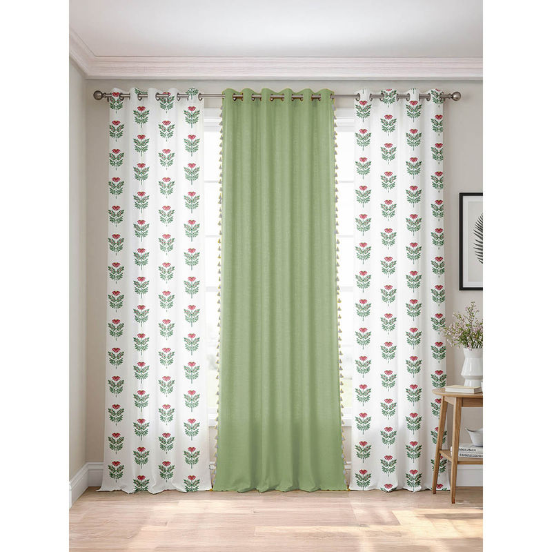 Urban Space Cotton Long Door Curtains Pink & Aura Sage Green (Pack of 3) (4X8 Feet)