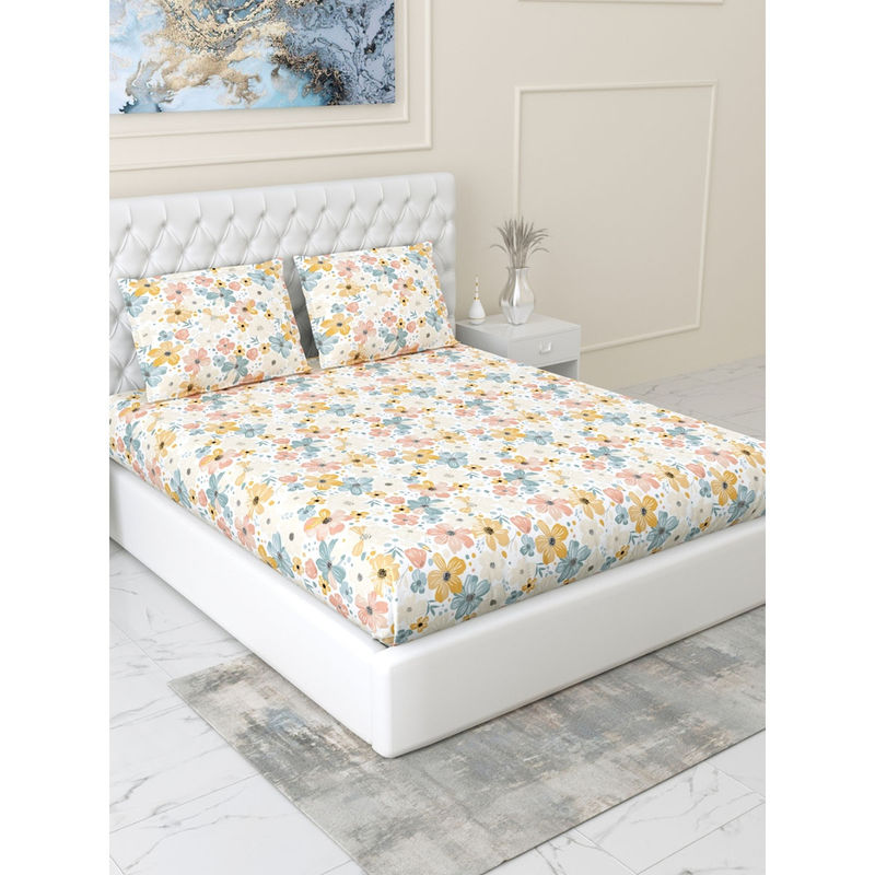 Haus & Kinder Hawaiian Petals 144 Tc Fitted Bedsheet with Pillow Covers (Double)
