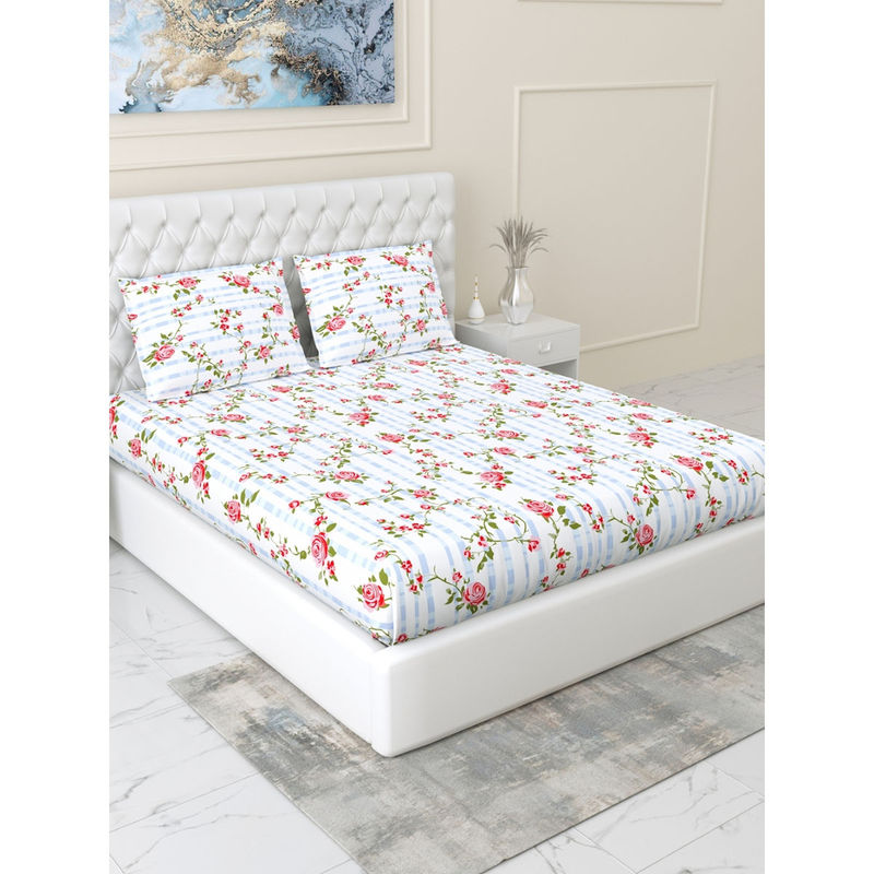 Haus & Kinder Rosaline Stripes 144 Tc Fitted Bedsheet with Pillow Covers (Double)