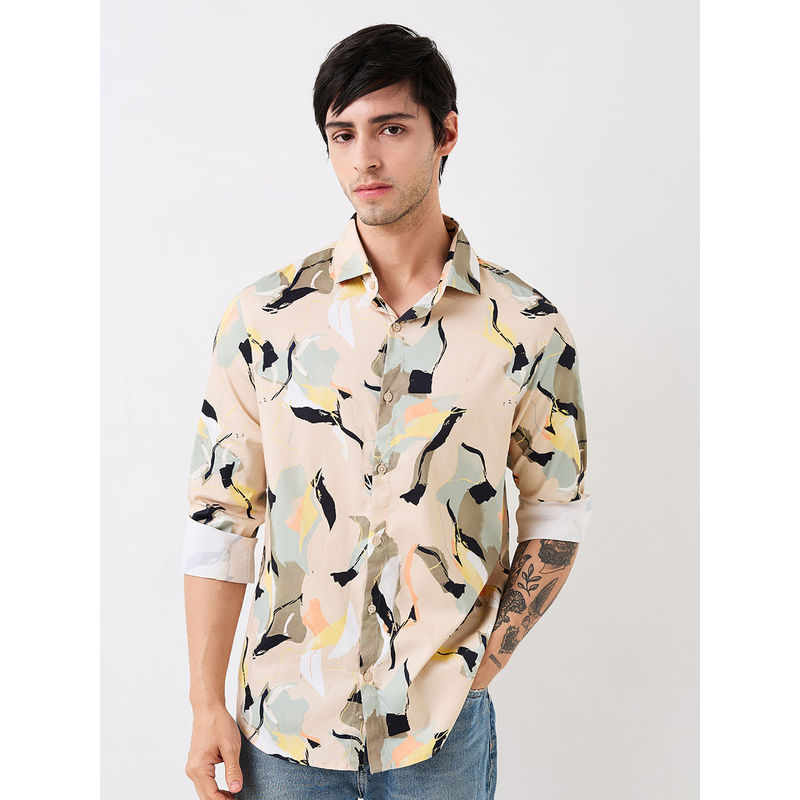 Spykar Men Beige Slim Fit Printed Full Sleeves Casual Shirt (2XL)