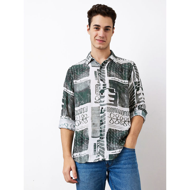 Spykar Men White and Green Slim Fit Printed Casual Shirt (2XL)
