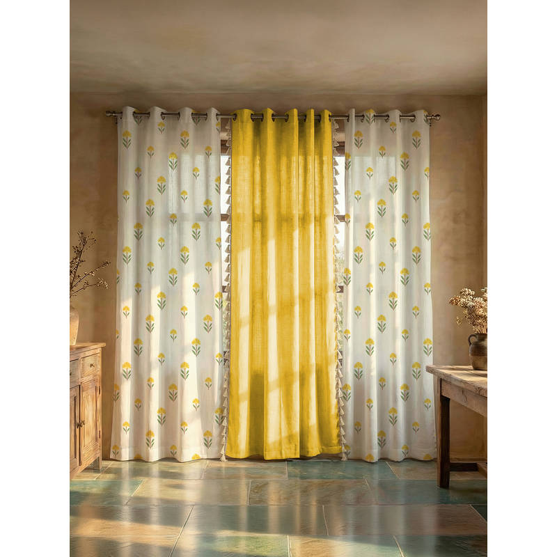 Urban Space Aster & Aura Yellow Cotton Curtains (Pack of 3) (5 Feet)