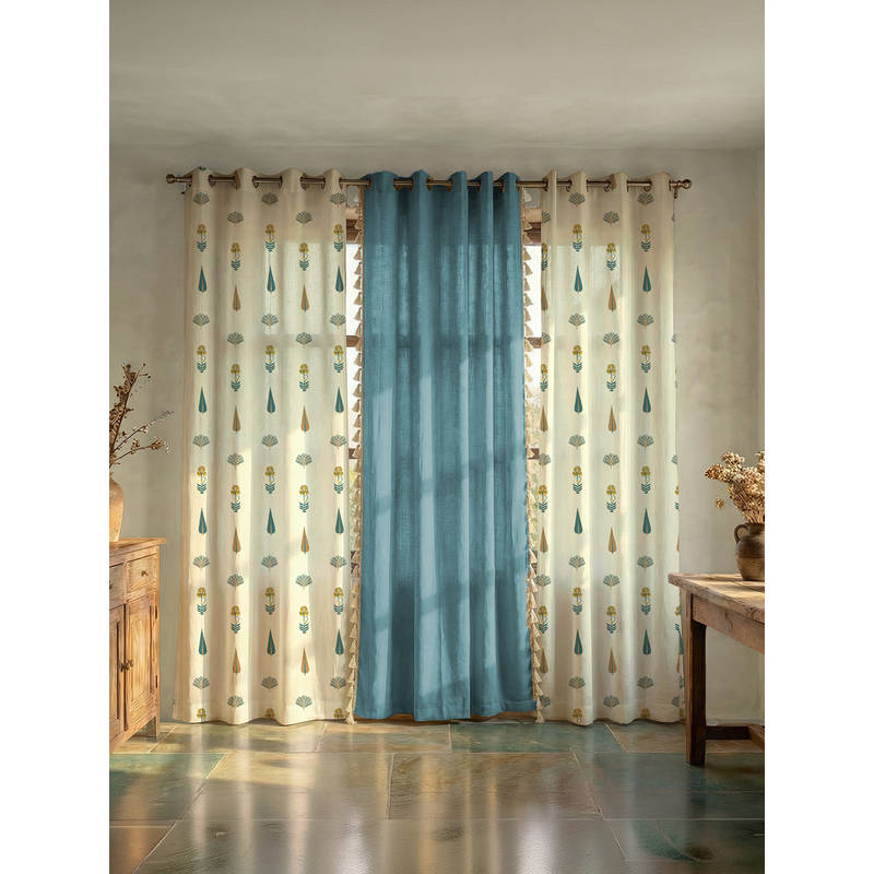 Urban Space Orchard White & Aura Blue Cotton Curtains (Pack of 3) (5 Feet)