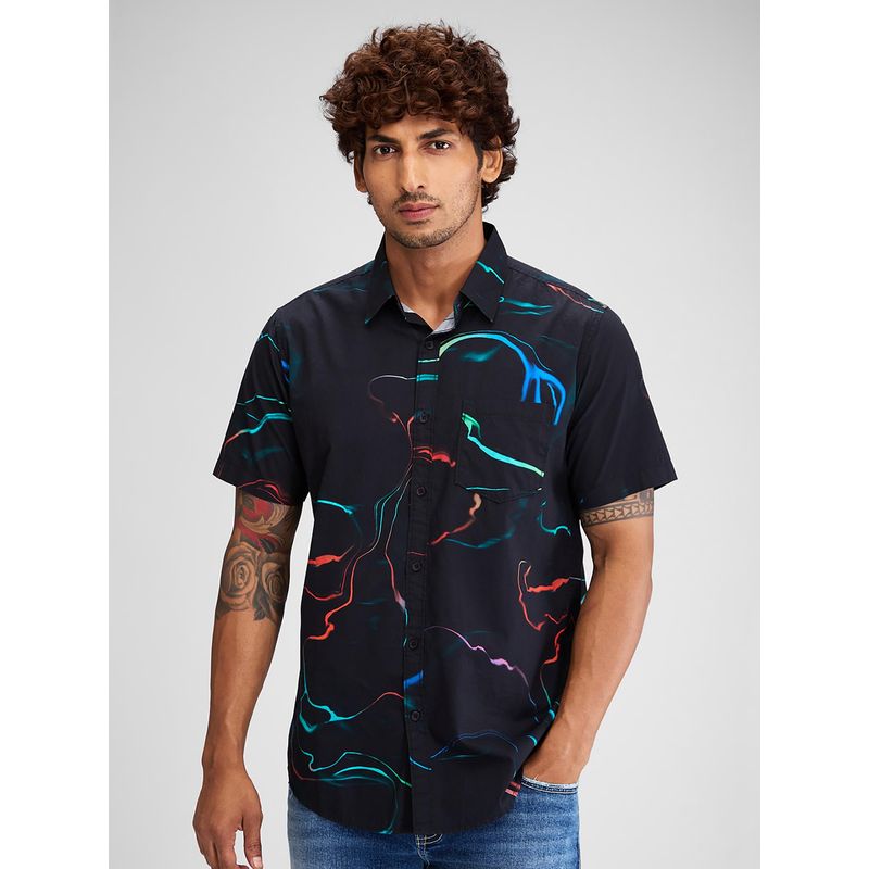 Spykar Black Half Sleeves Cotton Slim Fit Printed Shirt for Men (L)