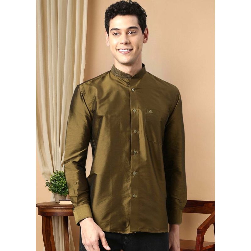 TATTVA Olive Men's Regular Fit Solid Mandarin Collar Festive Shirt (36)