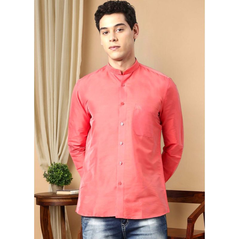 TATTVA Pink Men's Regular Fit Solid Mandarin Collar Festive Shirt (38)