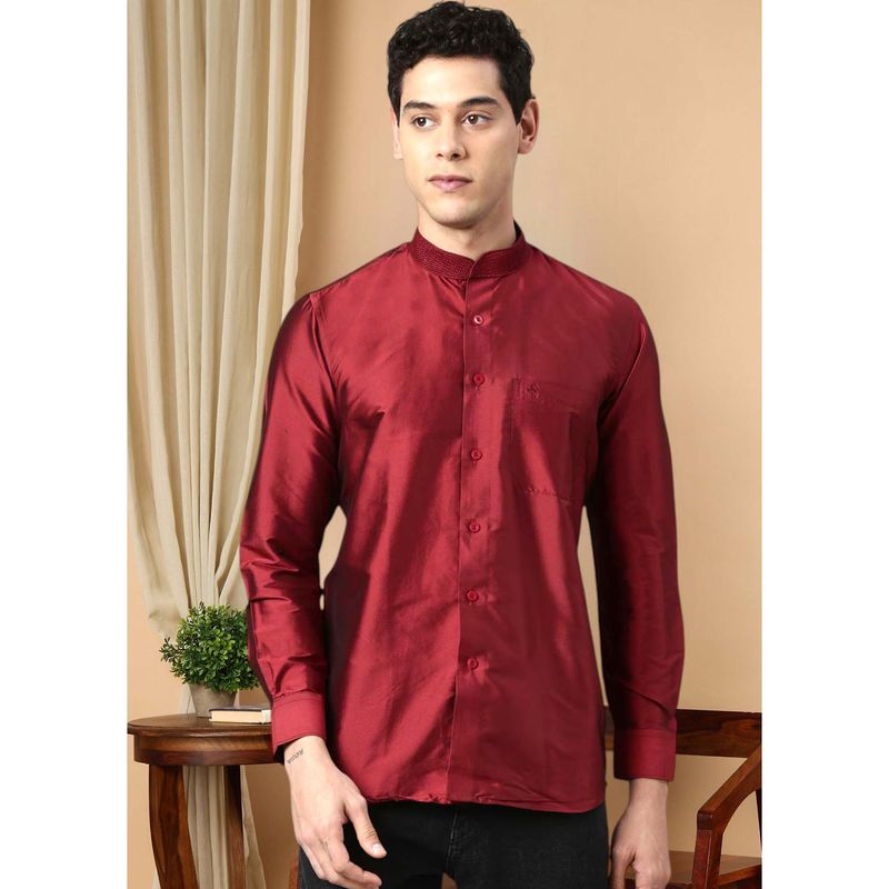 TATTVA Maroon Men's Regular Fit Solid Mandarin Collar Festive Shirt (36)