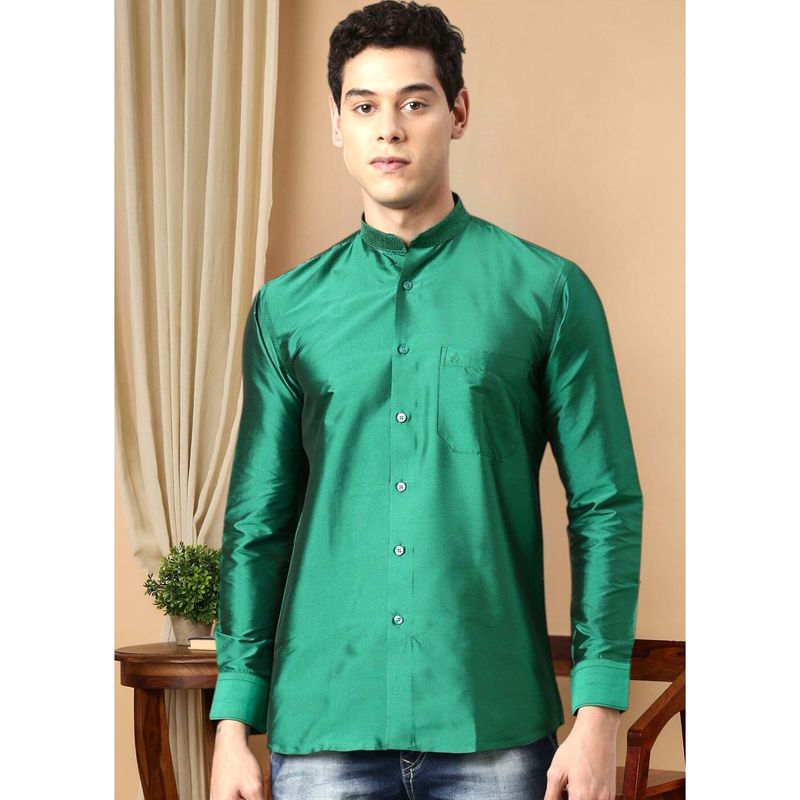TATTVA Green Men's Regular Fit Solid Mandarin Collar Festive Shirt (38)
