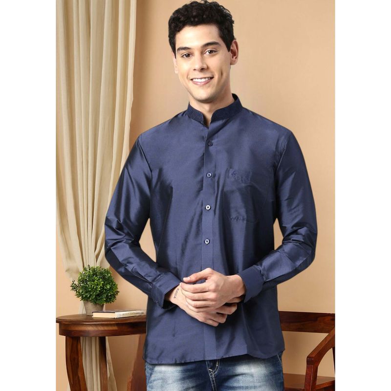 TATTVA Navy Blue Men's Regular Fit Solid Mandarin Collar Festive Shirt (38)