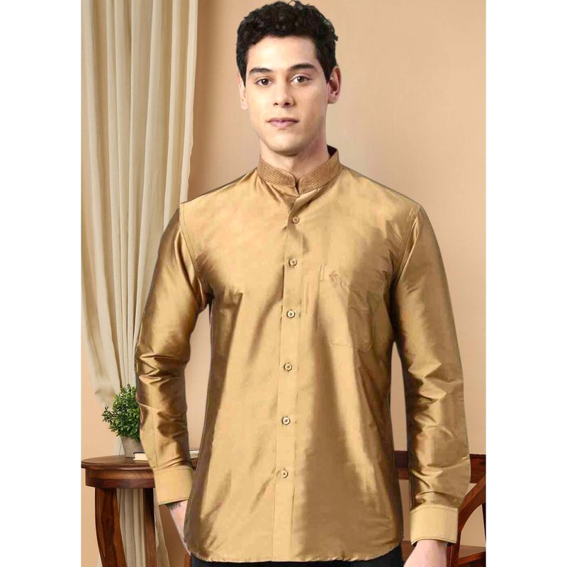 TATTVA Gold Men's Regular Fit Solid Mandarin Collar Festive Shirt (42)