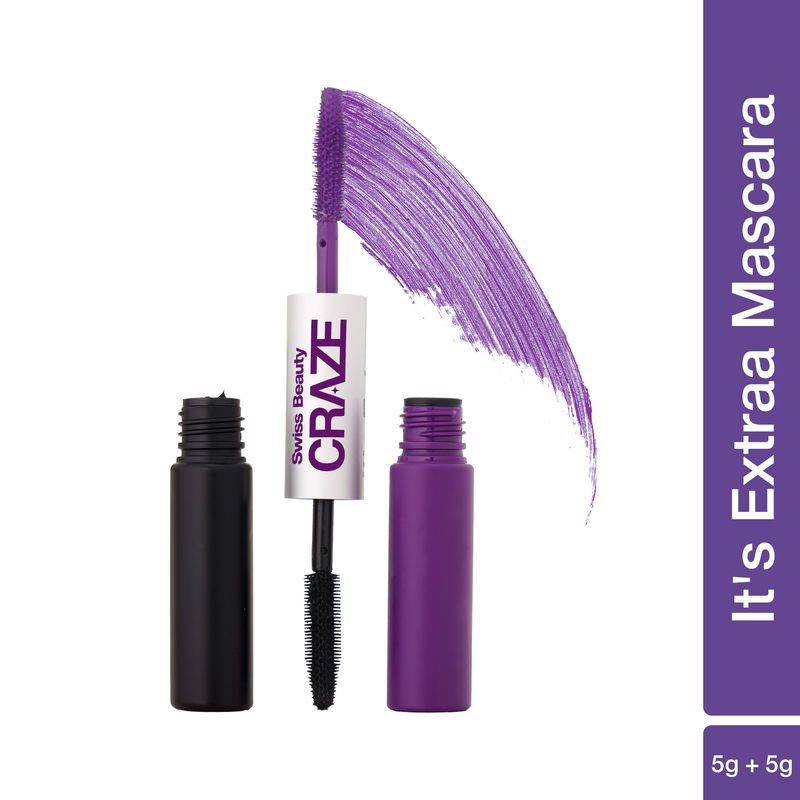 Swiss Beauty Craze It's Extraa Dual Non -Flaky Mascara With Silicon Brush Lengthening & Curling Non- smudging Mascara Black & Feeling Purple 02
