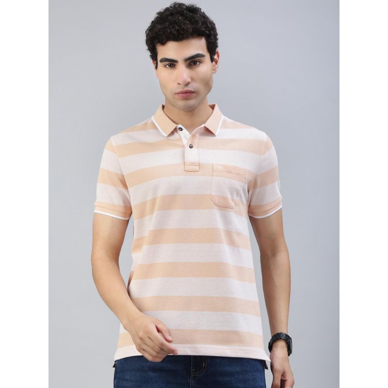 Classic Polo Men Orange Stripes Slim Fit Cotton Blend Polo T-Shirt (L)