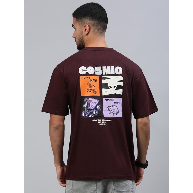 Classic Polo Men Burgundy Printed Oversized Fit Cotton T-Shirt (M)