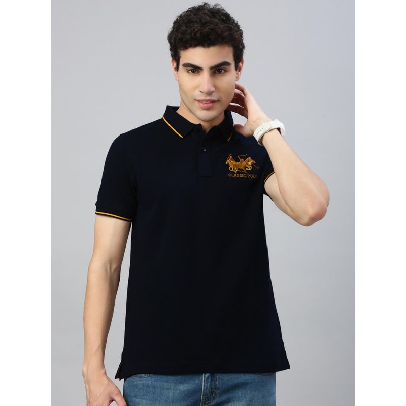 Classic Polo Men Black Embroidered Slim Fit Cotton Polo T-Shirt (M)