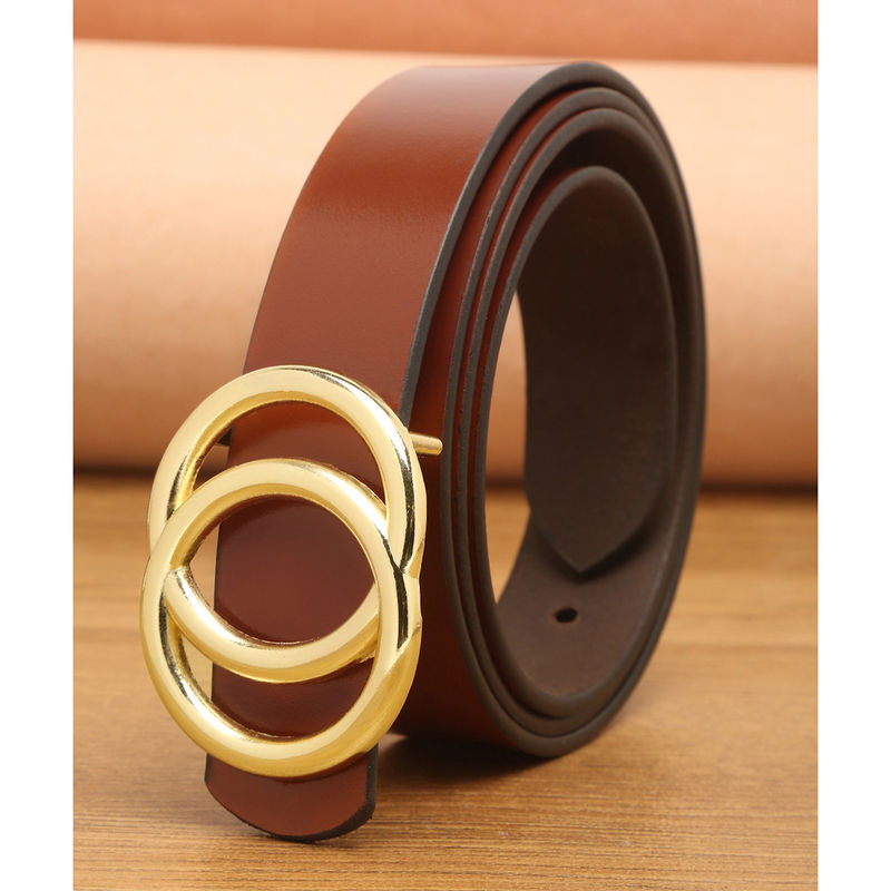 Teakwood Women Tan And Gold Tone Solid Genuine Leather Belt (30)