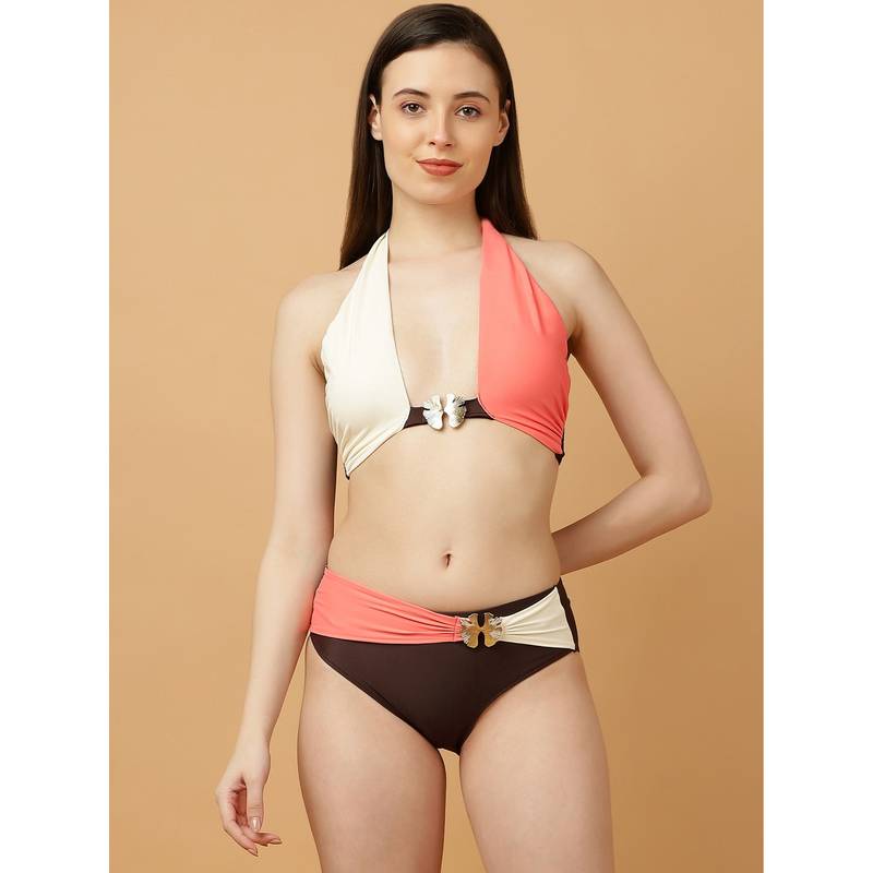 SOIE Peach Colorblock Poly-Spandex Regular Bikini Top and Bikini Bottom (S)