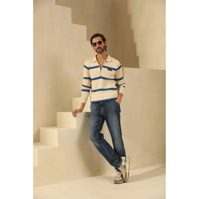 PRIMAL GRAY Cream & Cobalt Blue Cotton Knit Sweater Polo Neck Pull Over (S)