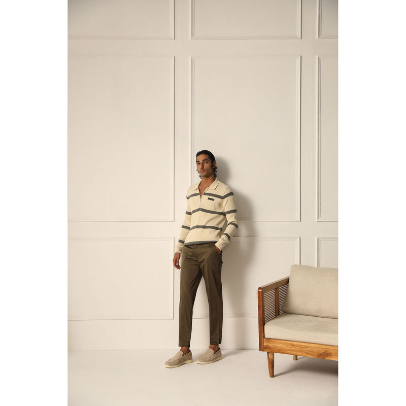 PRIMAL GRAY Cream & Charcoal Grey Cotton Knit Sweater Polo Neck Pull Over (S)