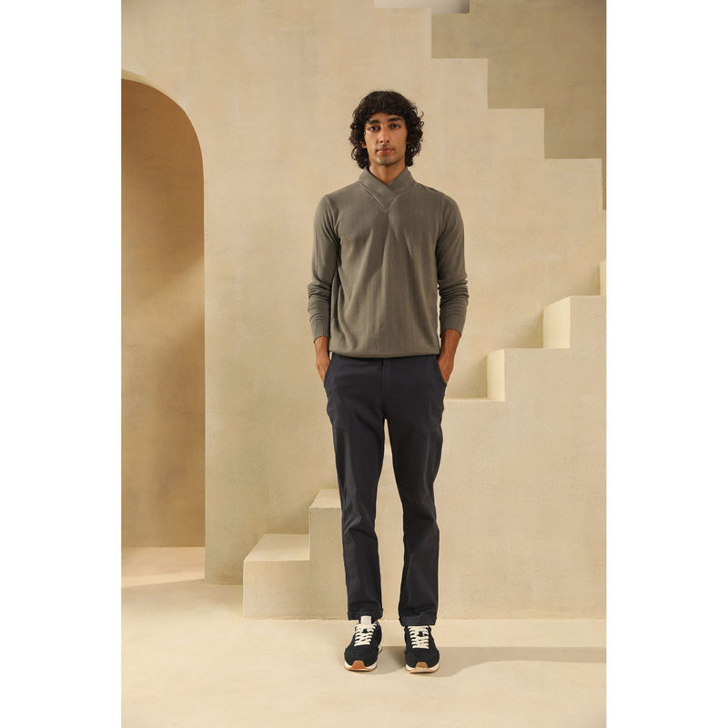 PRIMAL GRAY Charcoal Grey Cotton Knit Sweater Sailor Neck Sweater (S)