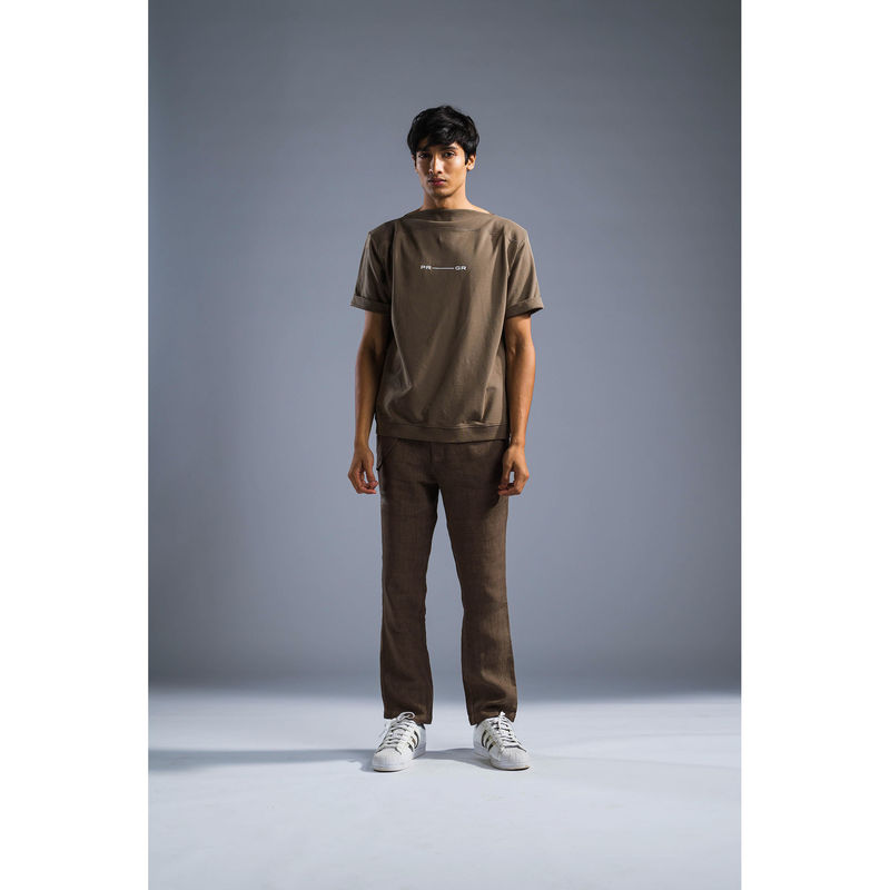 PRIMAL GRAY Taupe Organic Cotton Rib Knit-Woven T-Shirt (M)