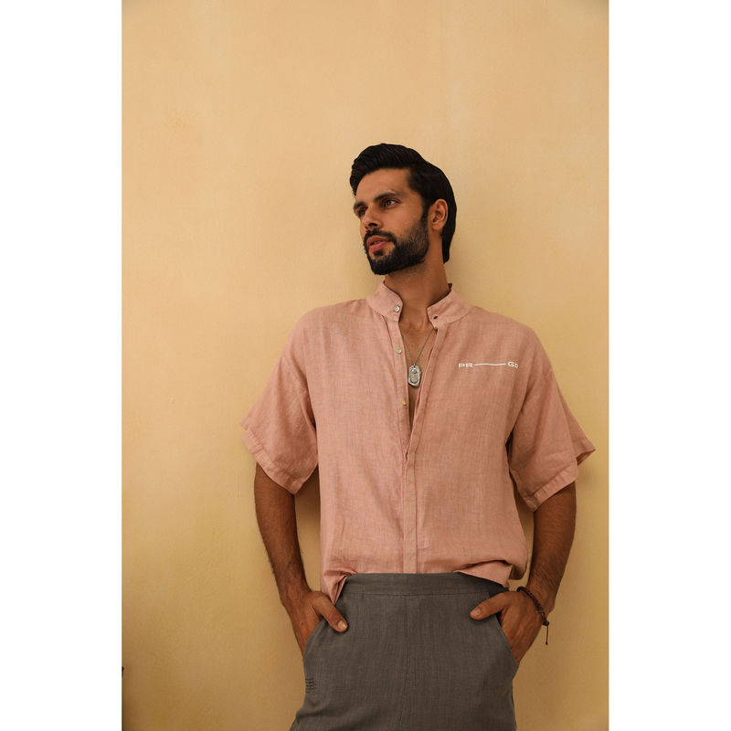 PRIMAL GRAY Dusky Pink Organic Linen Loose Kimono Shirt (M)