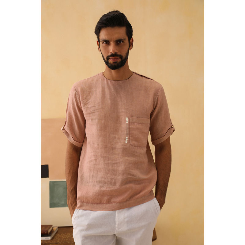 PRIMAL GRAY Dusky Pink Organic Linen Side Neck Button Shirt (M)